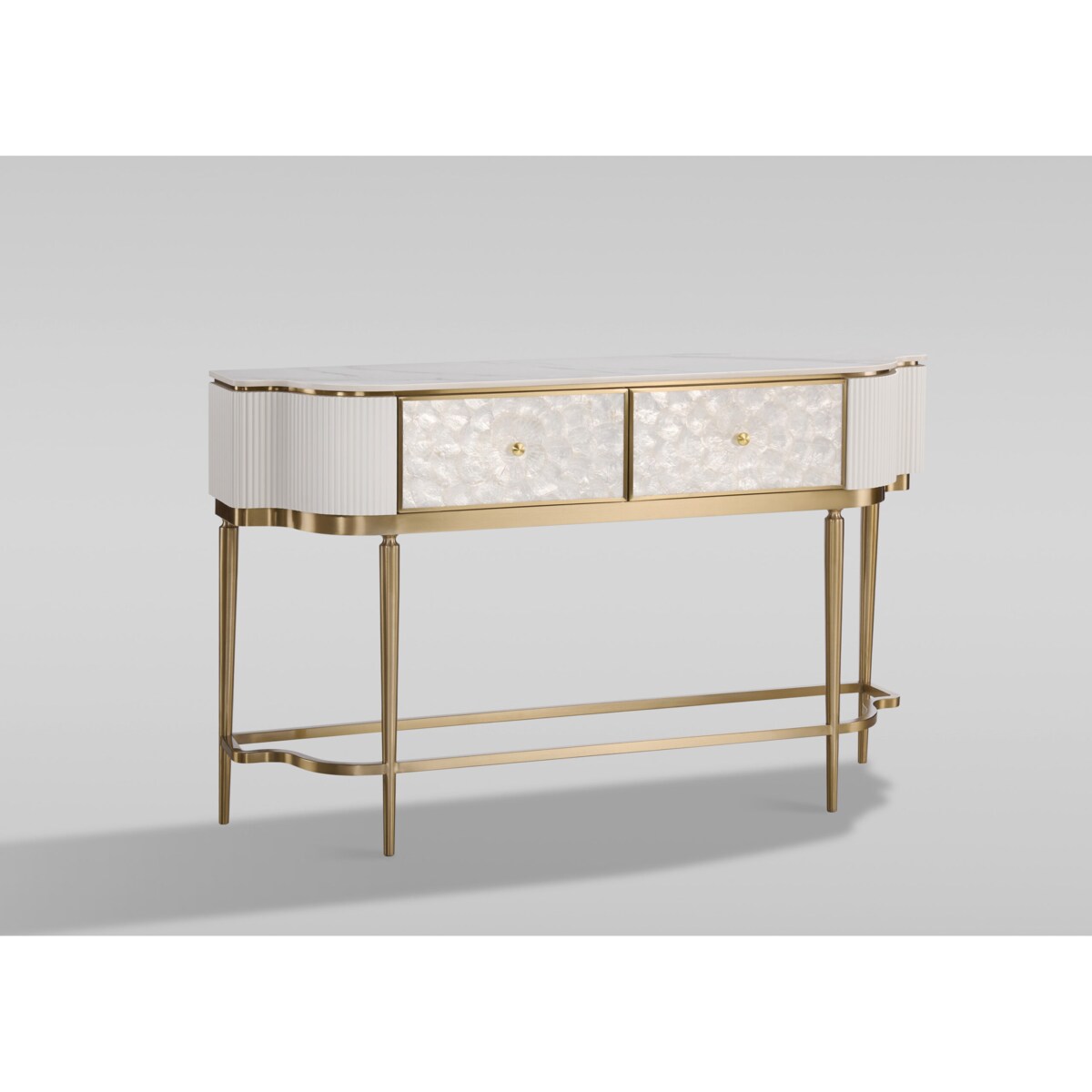 Kremowa konsola glamour z naturalną muszlami i marmurem Champion 140x35x86