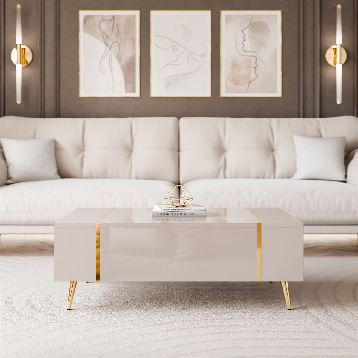 Ława ONYX kaszmir na złotych nóżkach wysoki połysk