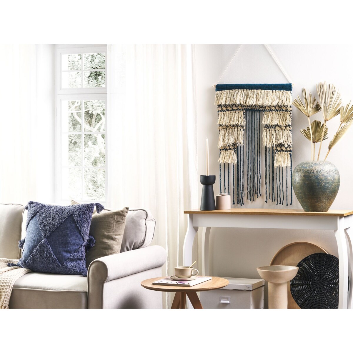Dekoracja ścienna z frędzlami bawełniana niebiesko-beżowa NADRA