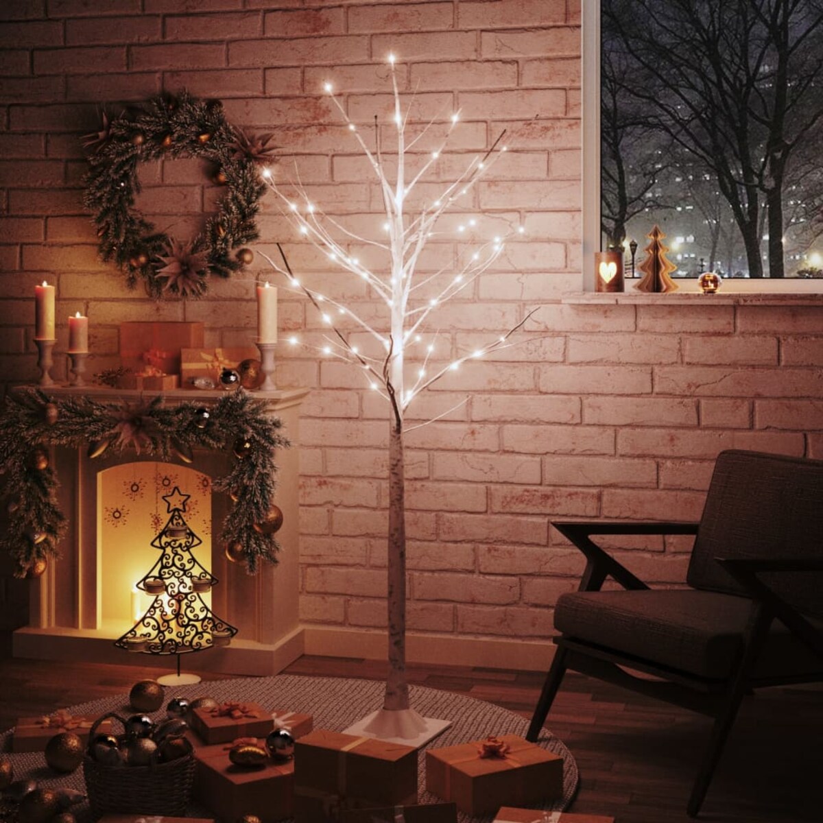vidaXL Brzoza z oświetleniem, 96 ciepłych białych LED, 180 cm