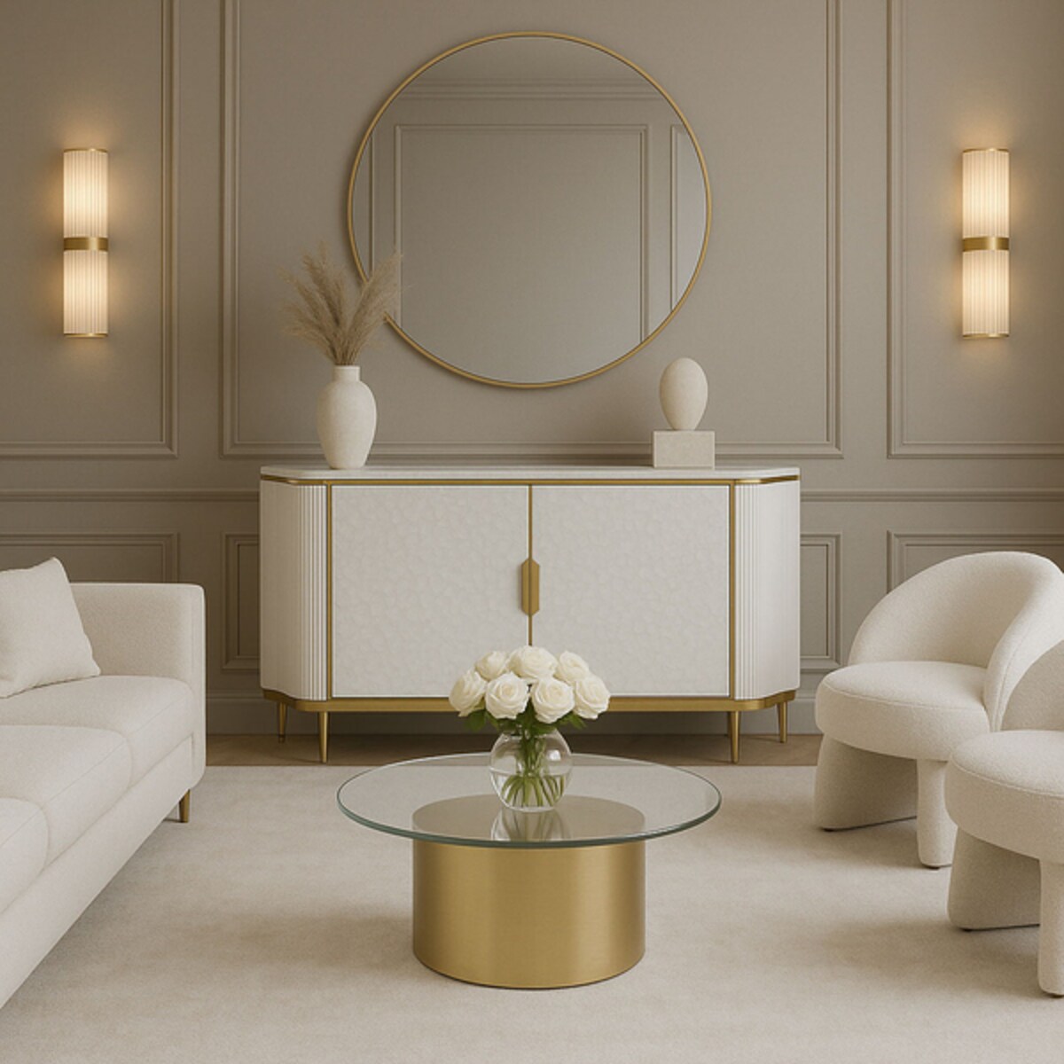 Komoda ryflowana jasno-złota Champion Glamour Premium z muszelkami 150x40x88