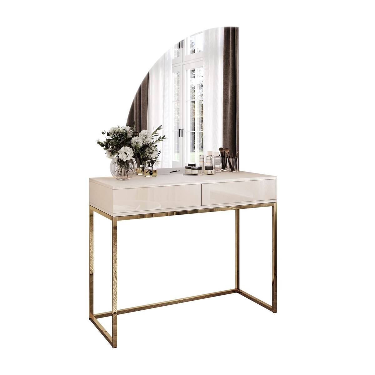 Toaletka kosmetyczna QUINNIE KASZMIR z lustrem LED złoty chrom, lewa, push-to-open