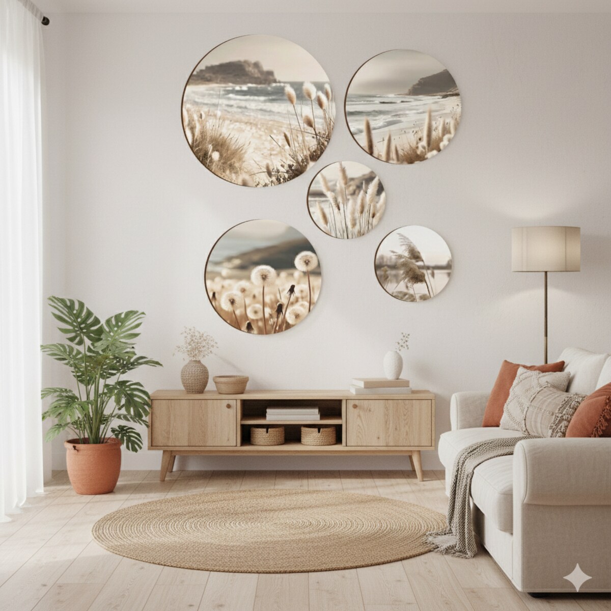 Okrągłe Obrazy na ścianę Beżowy Zestaw do salonu sypialni pokoju Trawy