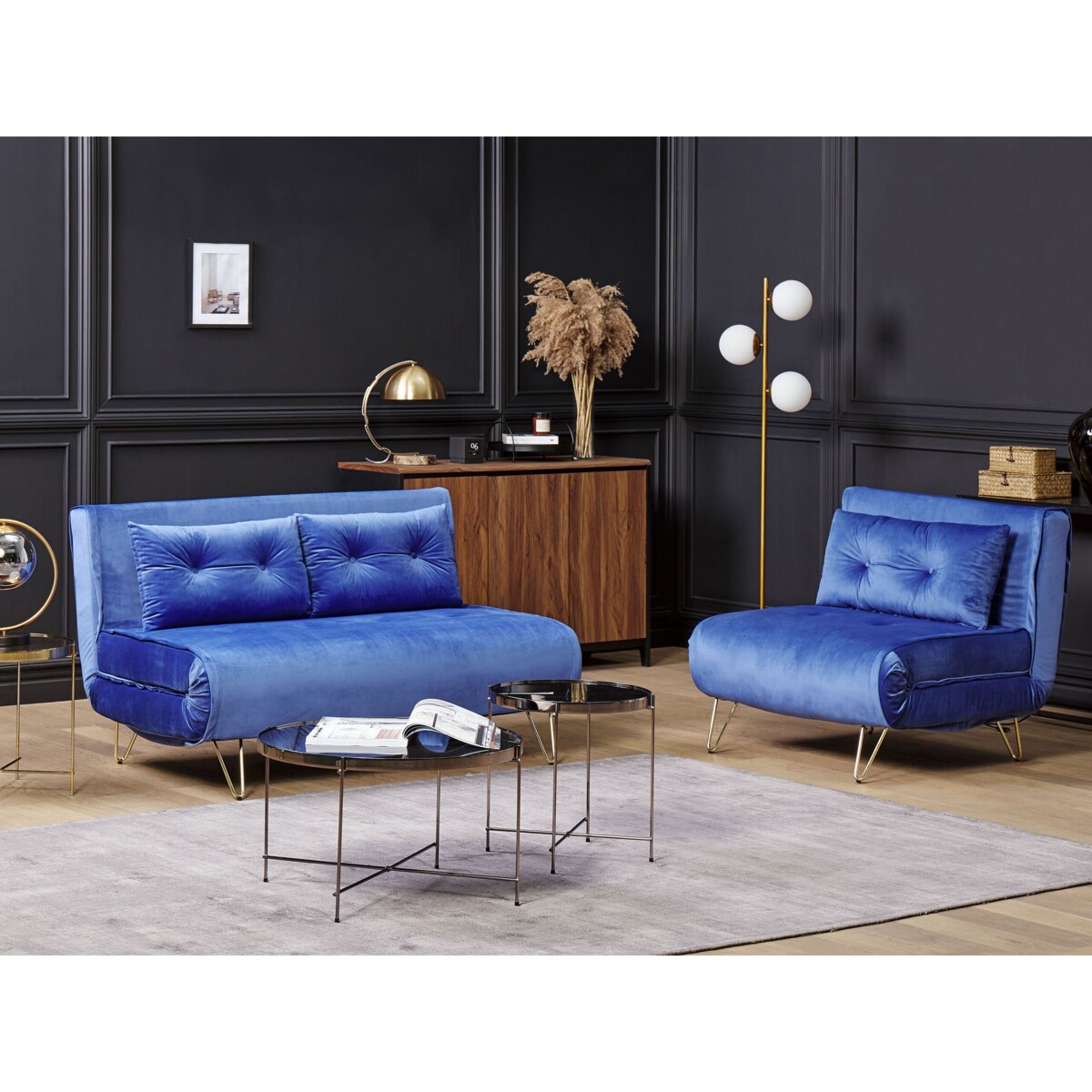 Sofa welurowa rozkładana granatowa VESTFOLD