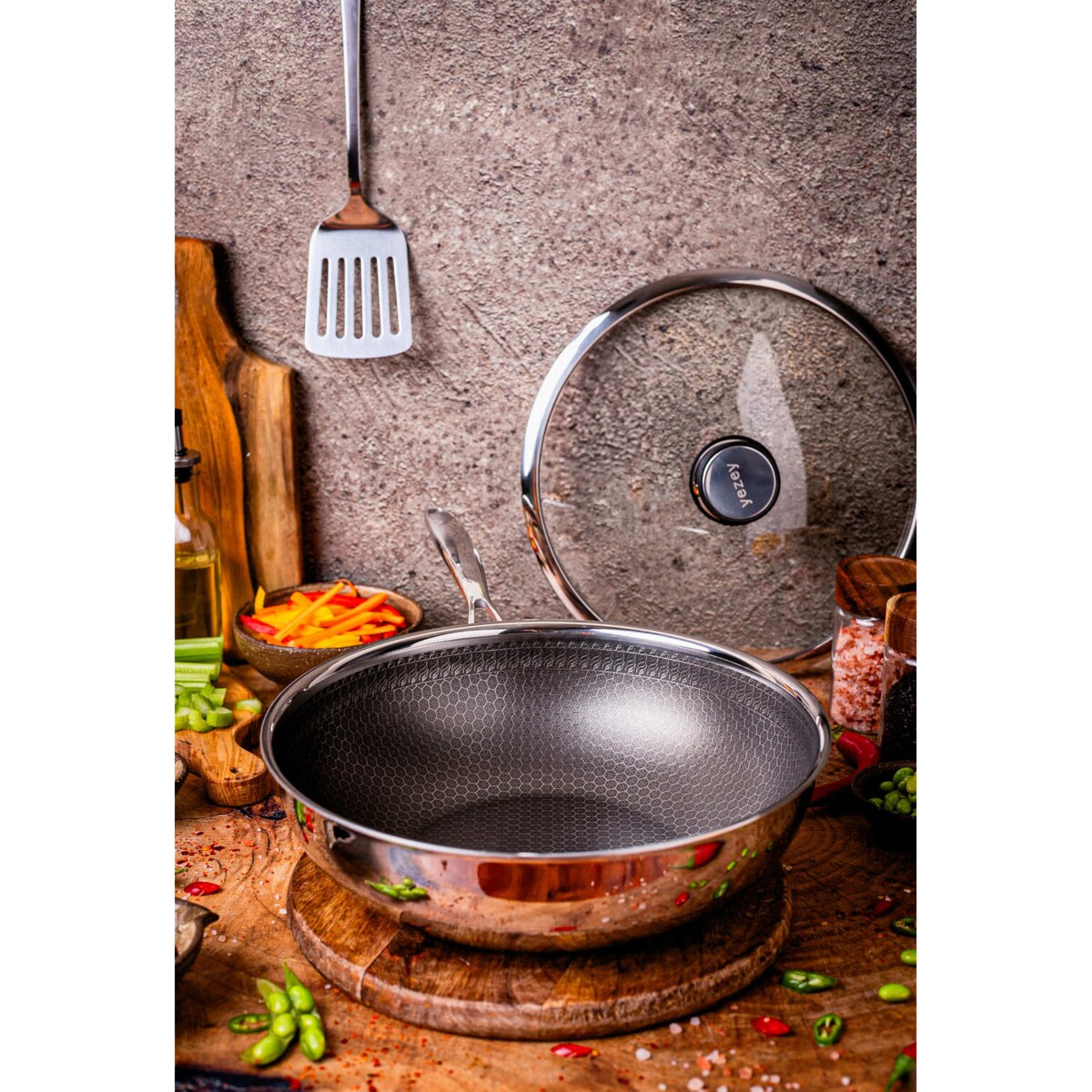 Profesjonalna patelnia ceramiczna Kanso Wok 30 cm z pokrywką Plaster miodu Na indukcje Na gaz Nierdzewna
