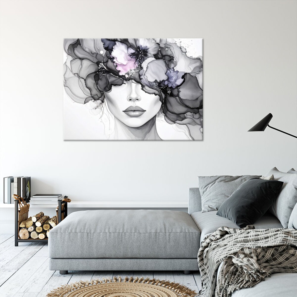 Obraz atramentowy do salonu sypialni, Kobieta z kwiatami na głowie 120x80