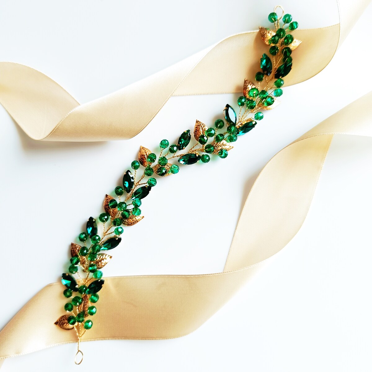 złota ZIELONA gałązka opaska do włosów z kryształkami cyrkoniami listkami