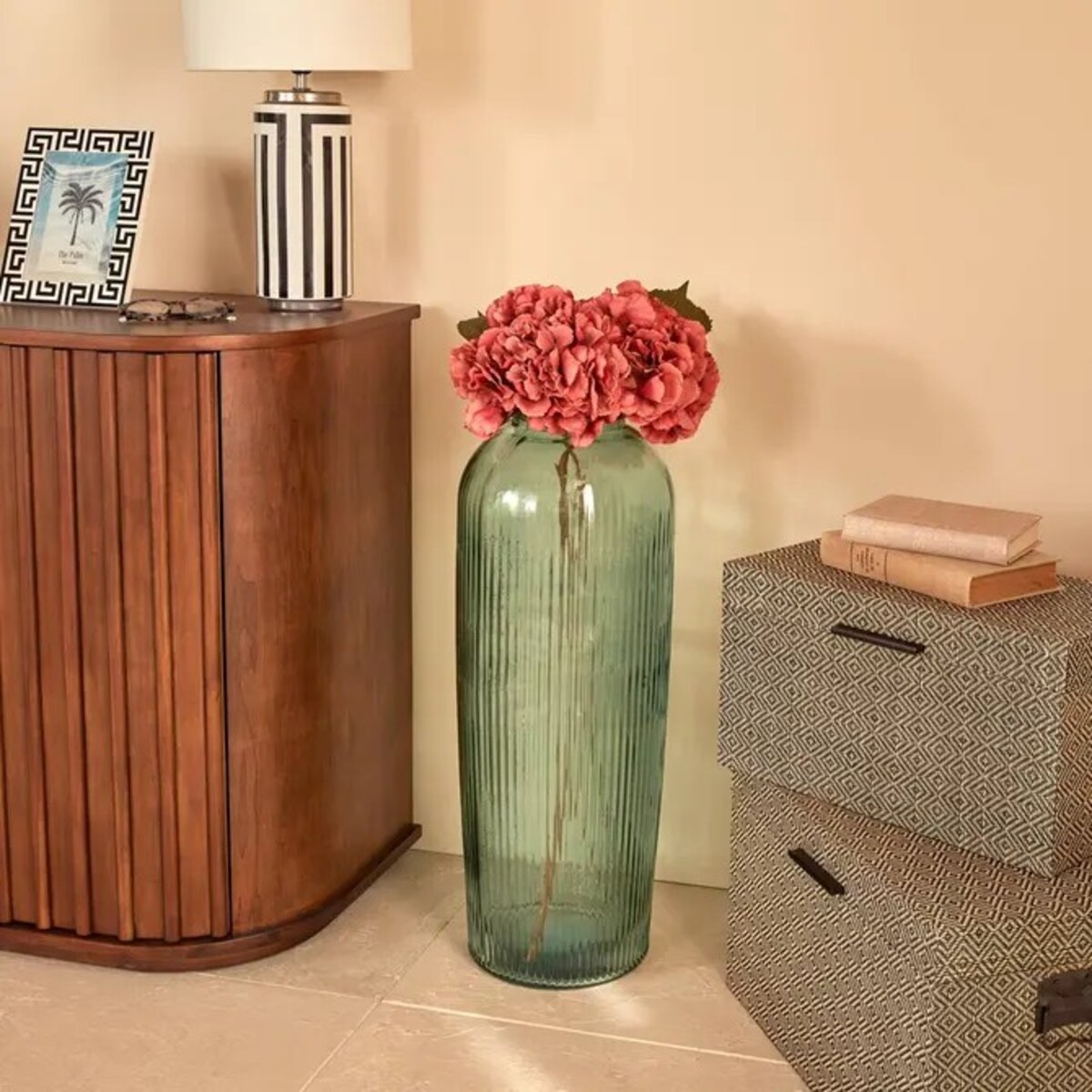 Wazon szklany, prążkowany Luz, 72 cm, miętowy