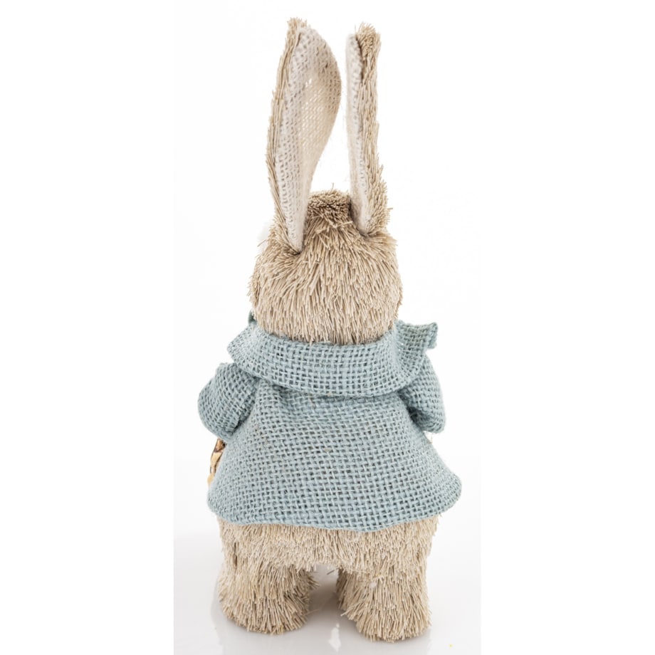 Dekoracja - króliczek z koszykiem marchewek 23,5x10x13 cm w niebieskim kubraczku
