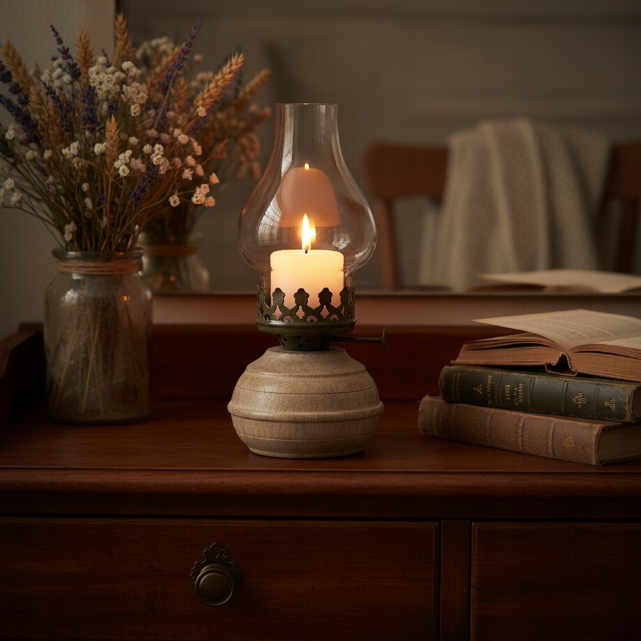 LAMPION ŚWIECZNIK TEALIGHT LAMPA NAFTOWA DREWNIANY DO DOMU SALONU 20cm