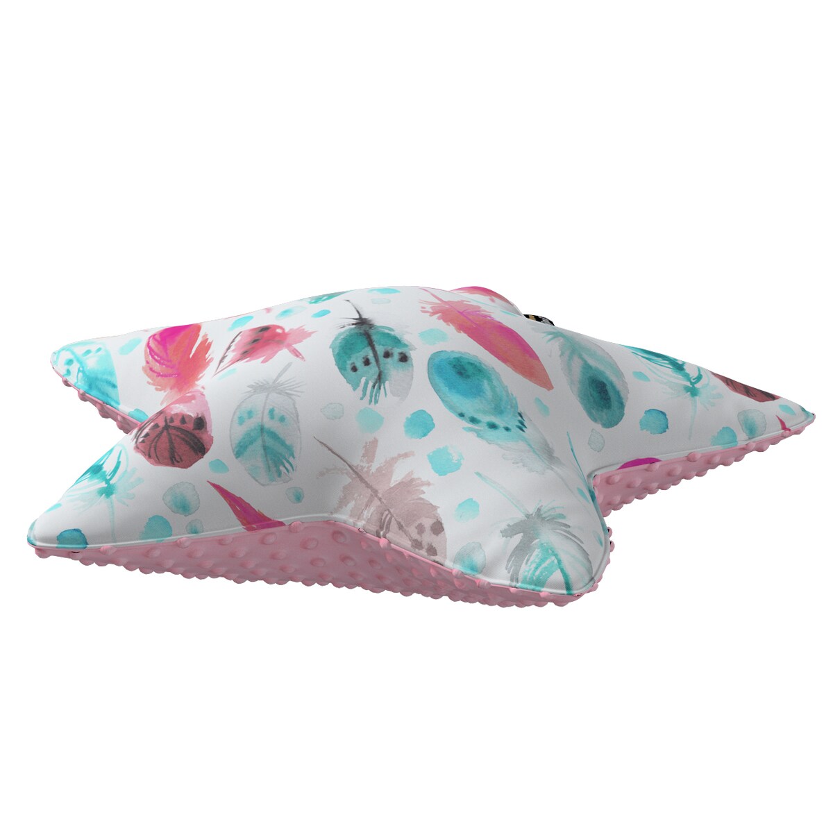 Poduszka Lucky Star z minky, różowe i turkusowe piórka, 52x15x52cm, Magic Collection