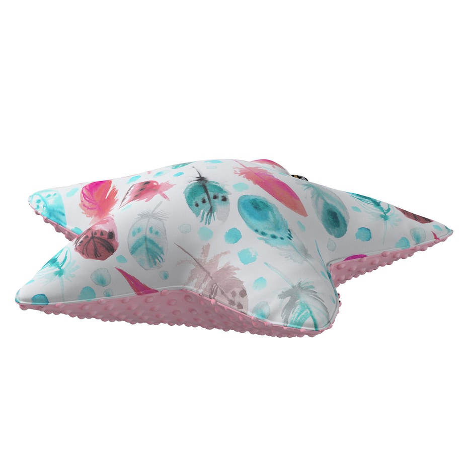 Poduszka Lucky Star z minky, różowe i turkusowe piórka, 52x15x52cm, Magic Collection