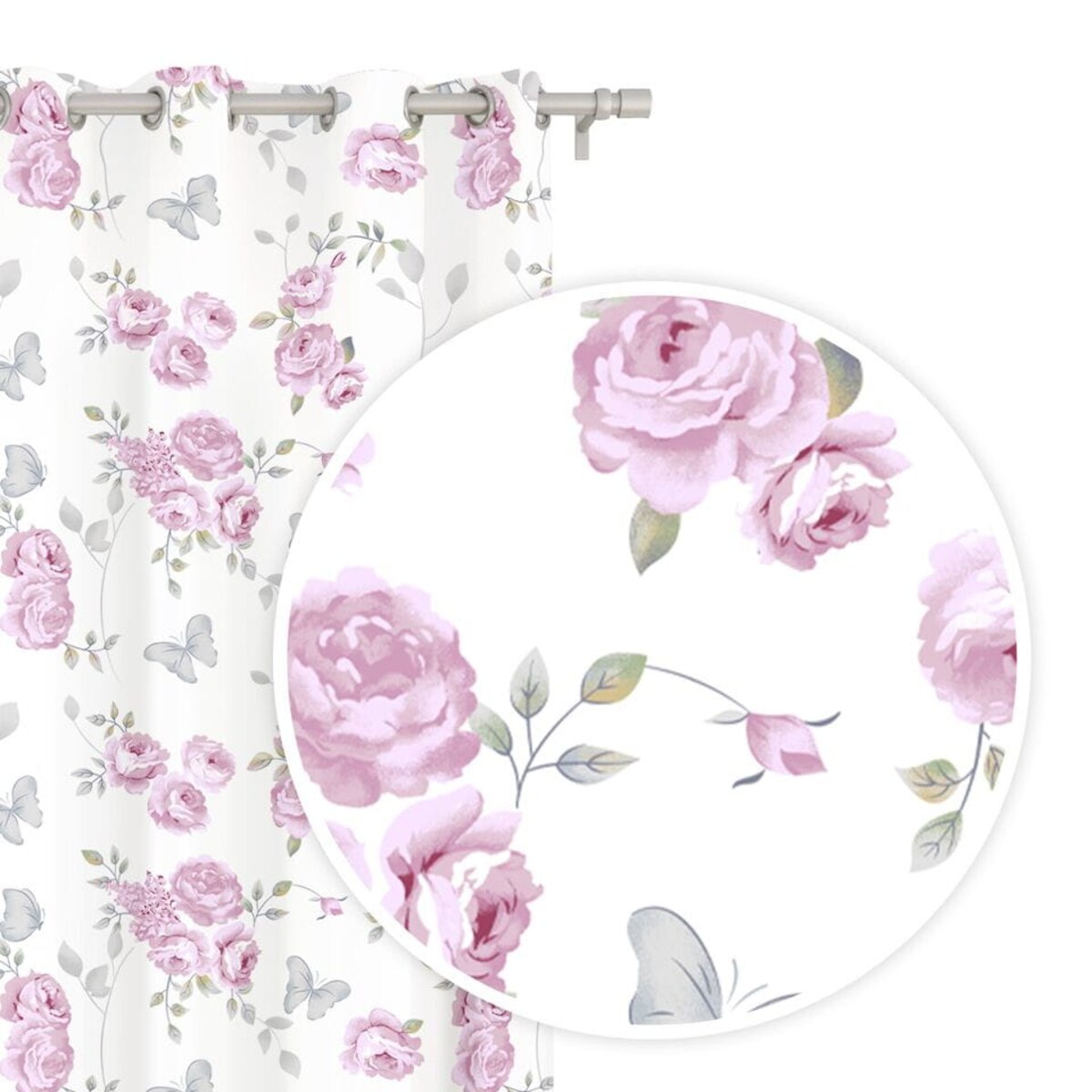 Biała Zasłona do Salonu w Kwiaty 140 x 250 na Przelotkach Półzaciemniająca