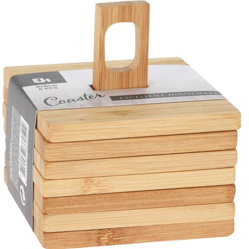 Podkładki pod kubek na stojaku, 6 sztuk, 10 x 10 cm, bambus