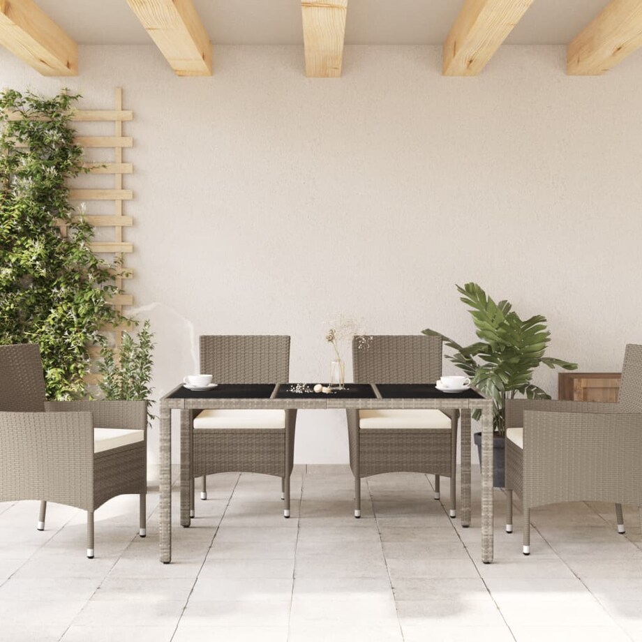 vidaXL Stół ogrodowy ze szklanym blatem, szary 150x90x75 cm, rattan PE