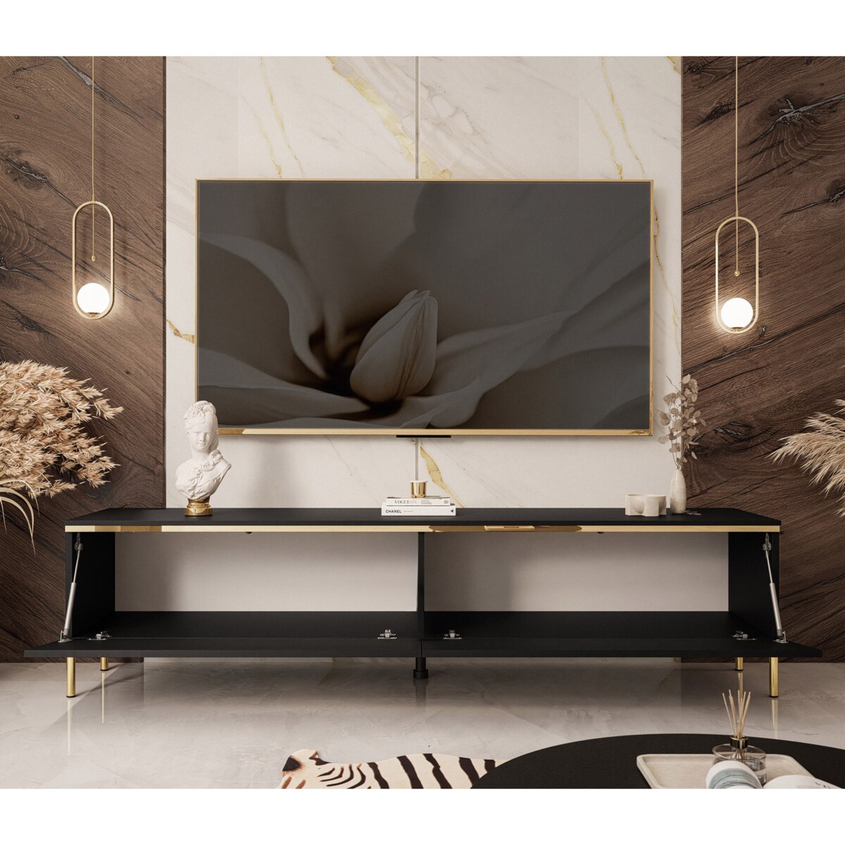 Szafka RTV AURORA czarny mat nogi proste złote