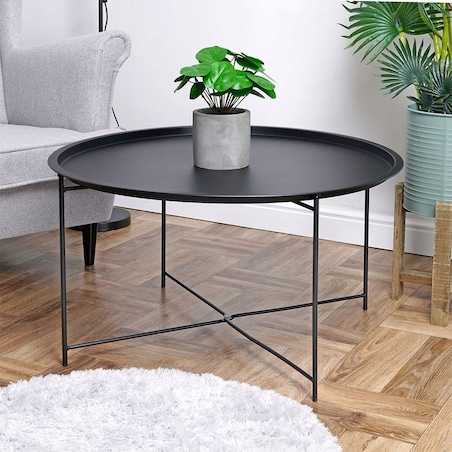 Okrągły stolik kawowy wykonany z metalu w czarnym kolorze, o wymiarach 75x42 cm, elegancki i funkcjonalny, minimalistyczny design