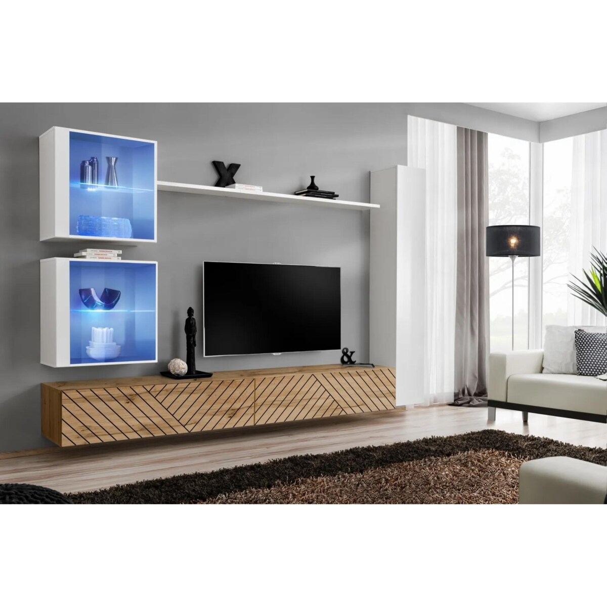 Meblościanka SWITCH LAMEL XVIII biała/dąb wotan