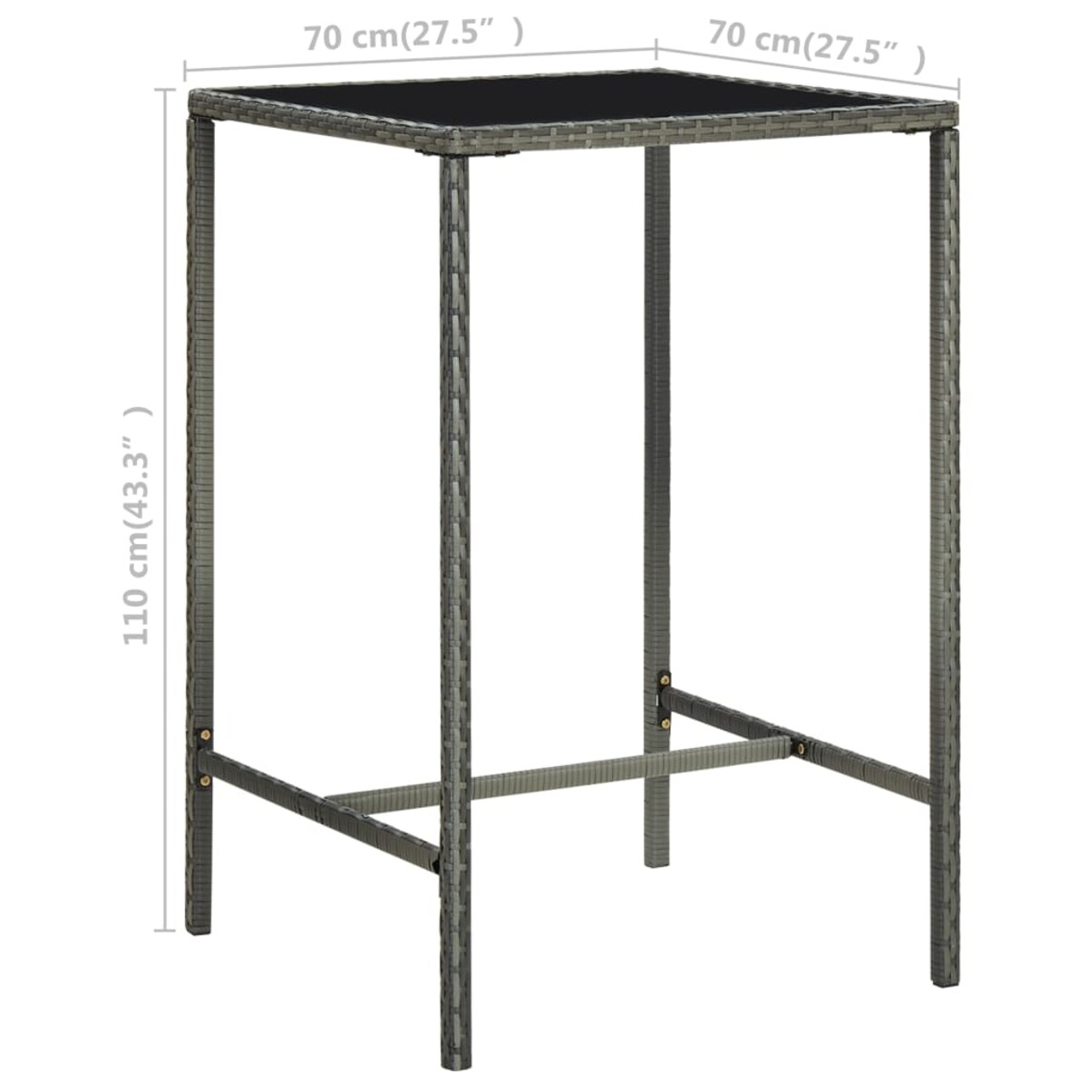 vidaXL Ogrodowy stolik barowy, szary, 70x70x110 cm, rattan PE i szkło