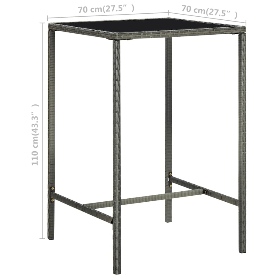 vidaXL Ogrodowy stolik barowy, szary, 70x70x110 cm, rattan PE i szkło