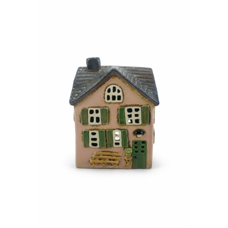 Ceramiczny domek na tea-lighty 17x13x8 cm SONAM różowy z zielonymi okiennicami