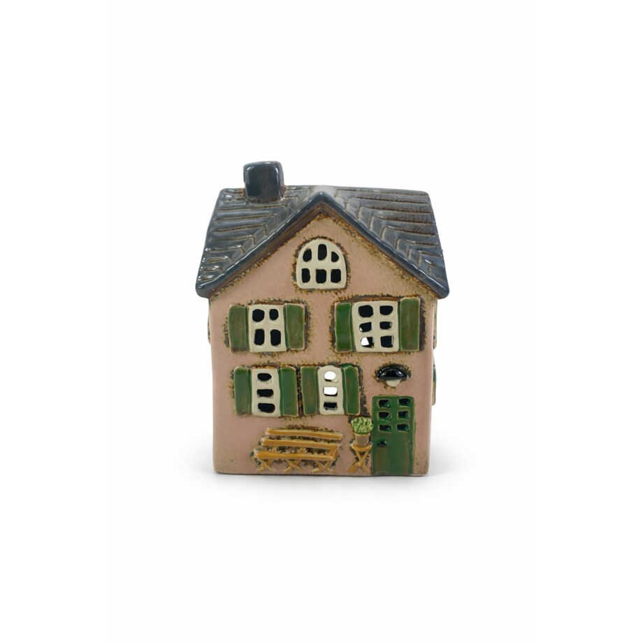 Ceramiczny domek na tea-lighty 17x13x8 cm SONAM różowy z zielonymi okiennicami
