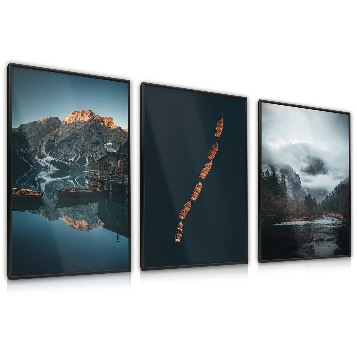 ZESTAW 3x Plakat W Ramie Łódki Na Górskim Jeziorze Efekt 3D 30x40cm