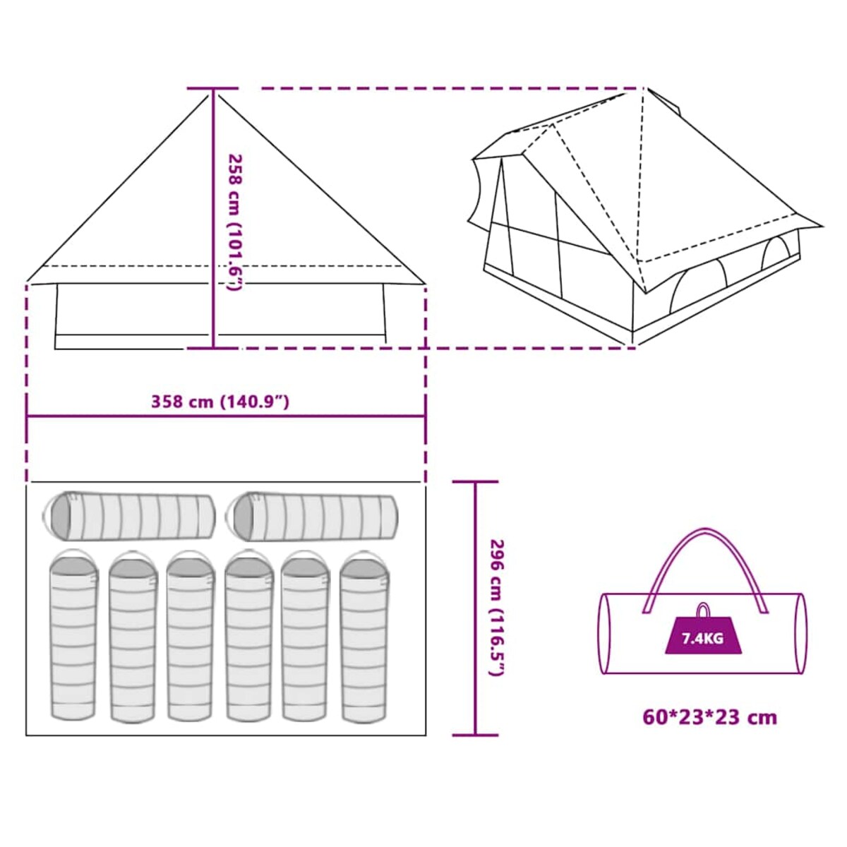 vidaXL Rodzinny namiot tipi Szary i pomarańczowy 358 x 296 x 258 cm
