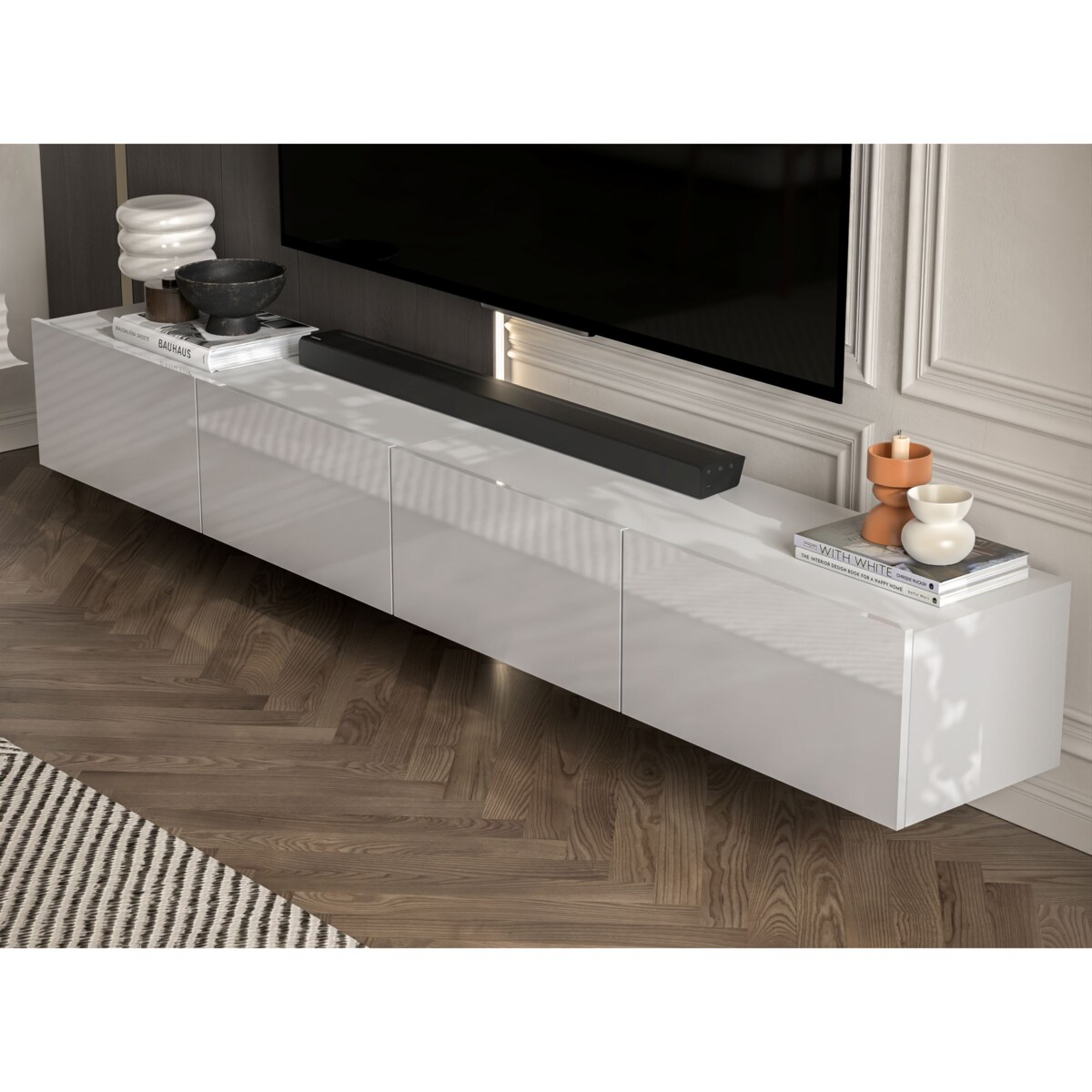 Szafka RTV Glamour Wisząca Komoda RTV Fronty Biały połysk 240 cm