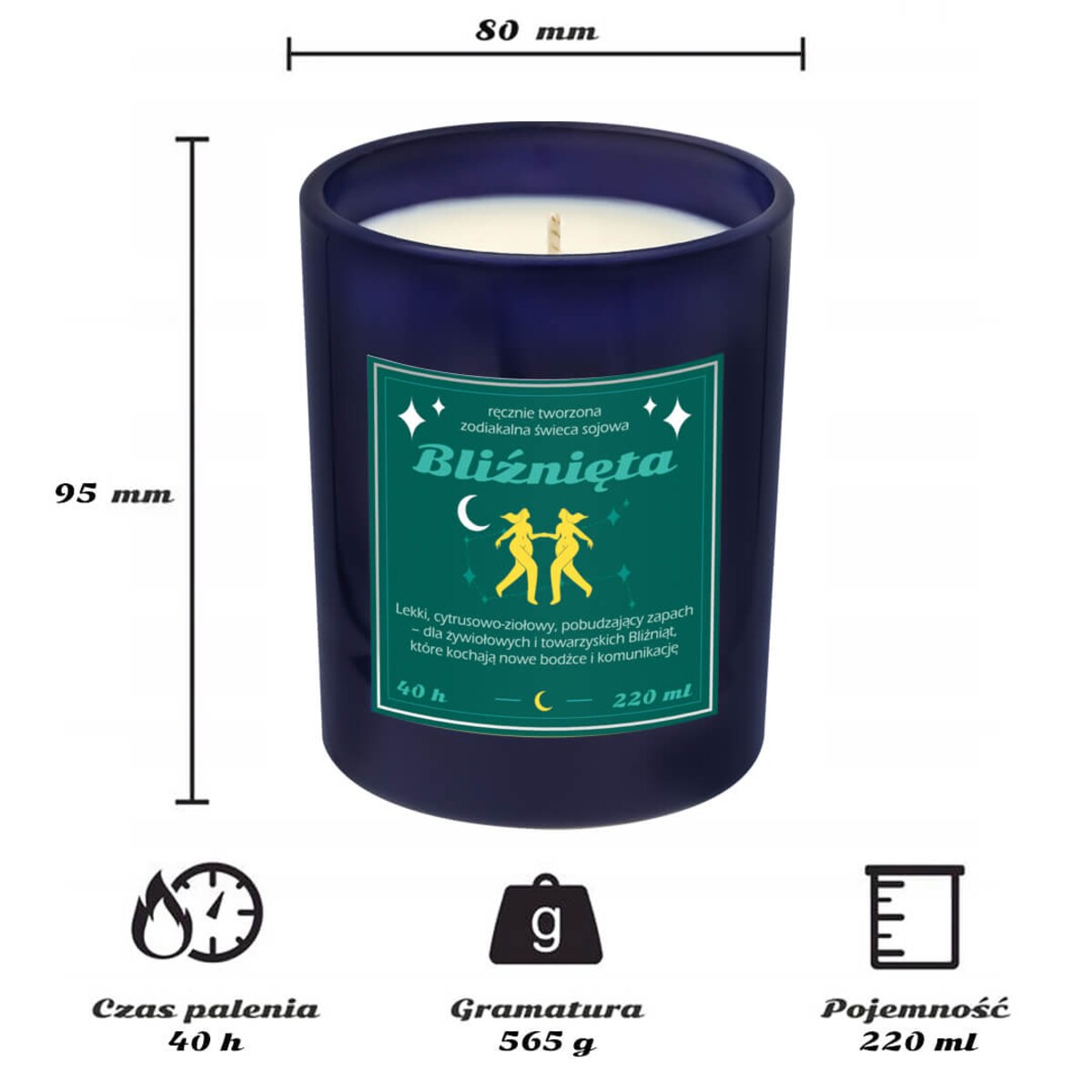 Świeca zodiakalna sojowa naturalna zapachowa BLIŹNIĘTA - bezpieczna, ręcznie robiona w szklanym słoiczku na prezent upominek dla osoby ze znakiem zodiaku BLIŹNIĄT