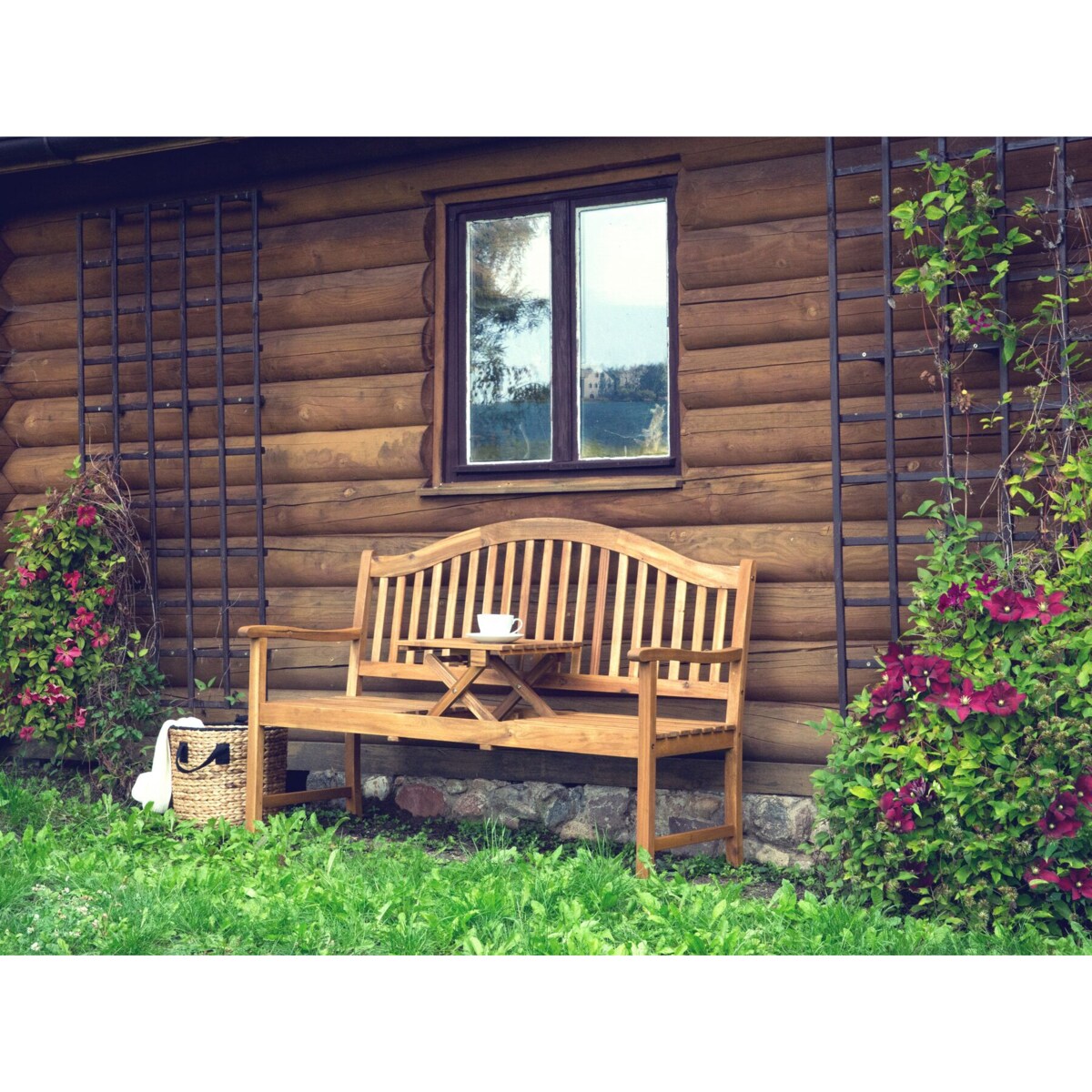 Ławka ogrodowa 150 cm drewniana z rozkładanym stolikiem HILO