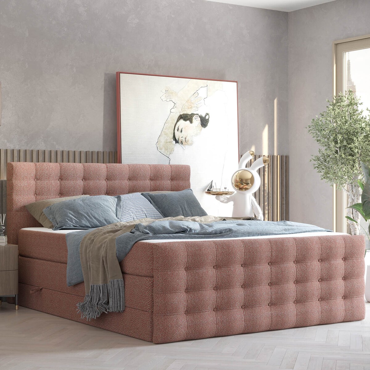 Łóżko kontynentalne STATE 180x200 z pojemnikiem, Czerwony, tkanina Grace 55