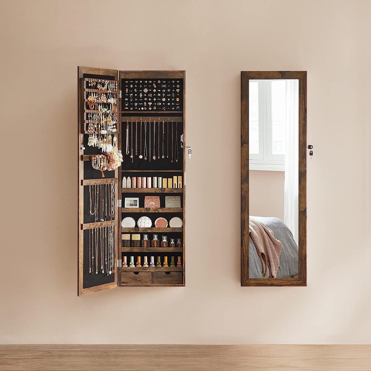 Szafka Z Lustrem Na Biżuterię 37X10X120 Cm Rustykalny Brąz