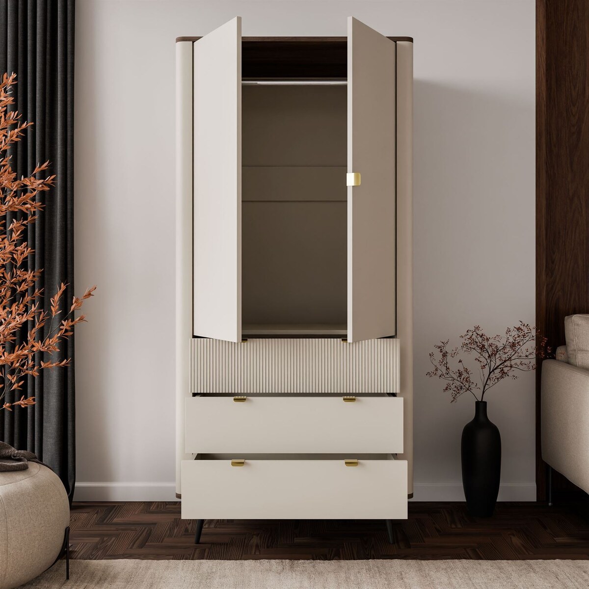 Dwudrzwiowa szafa AUTUMN 2D3S z szufladami, kaszmir / orzech