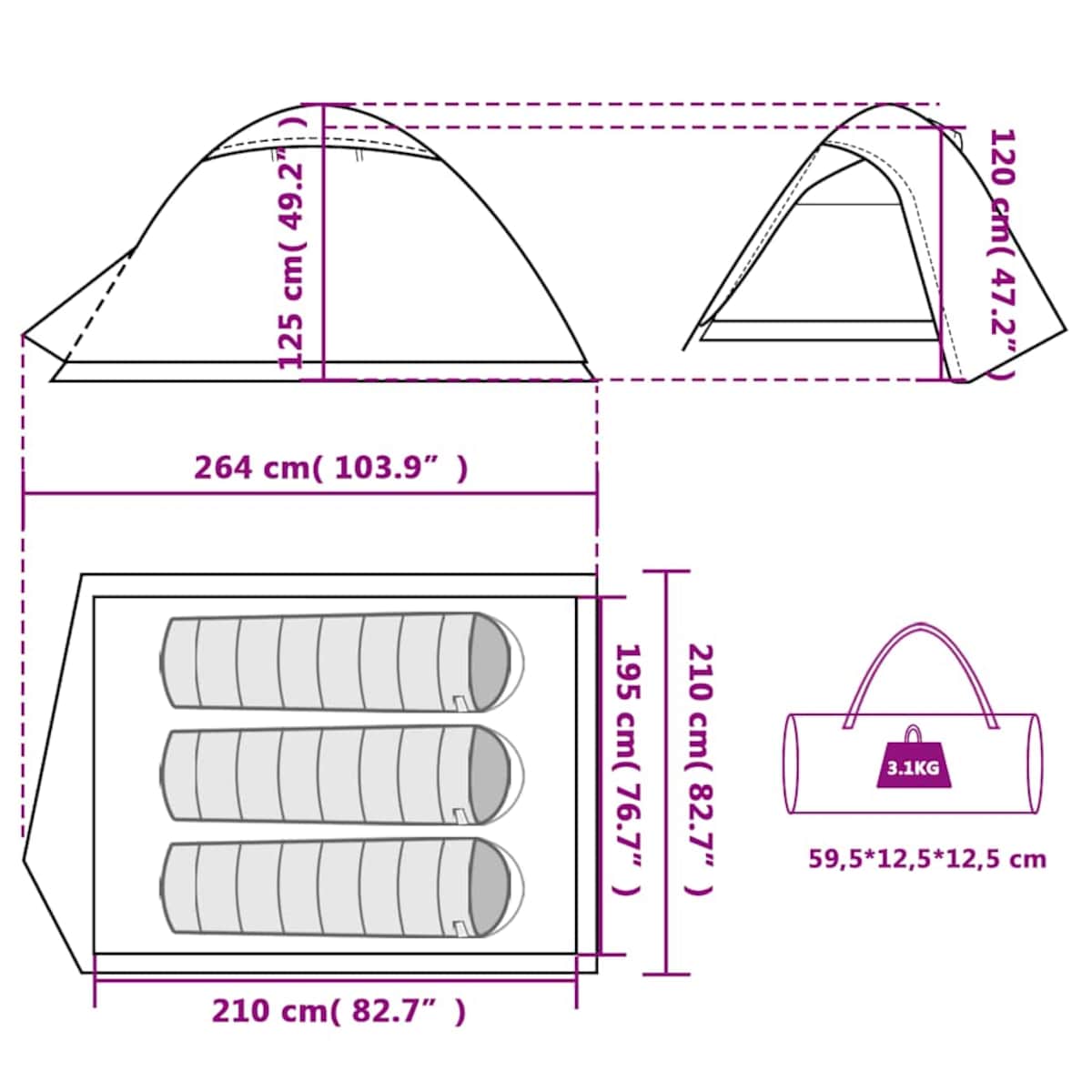 vidaXL Namiot turystyczny, kopułowy, 3-os., niebieski, wodoszczelny