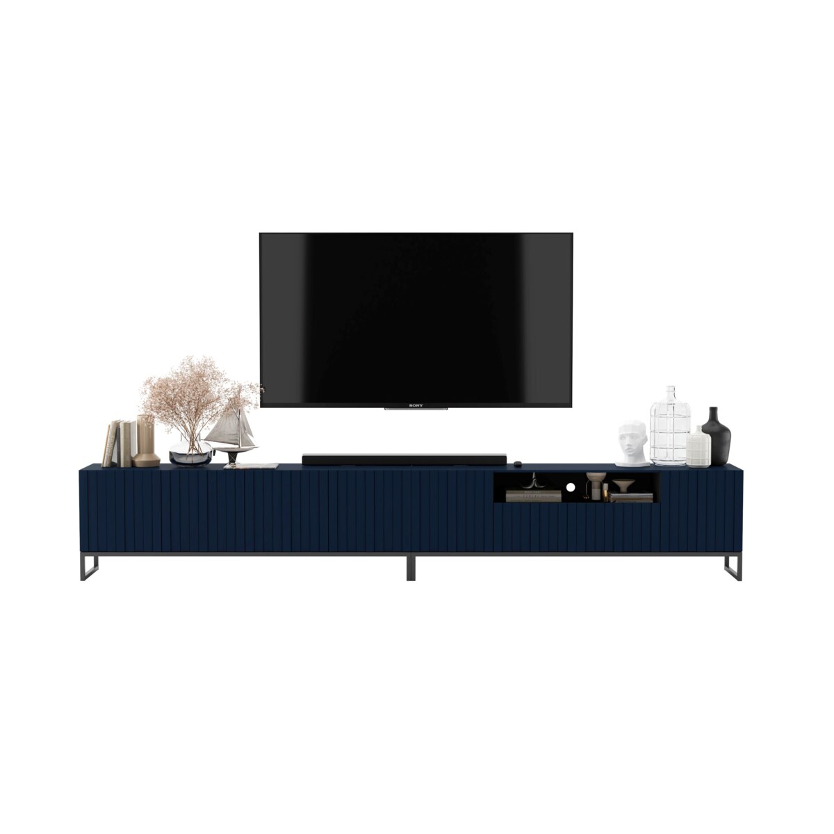 Komoda RTV Glamour Nowoczesna Szafka RTV Granatowy Mat Czarna Rama Metalowa 300 cm