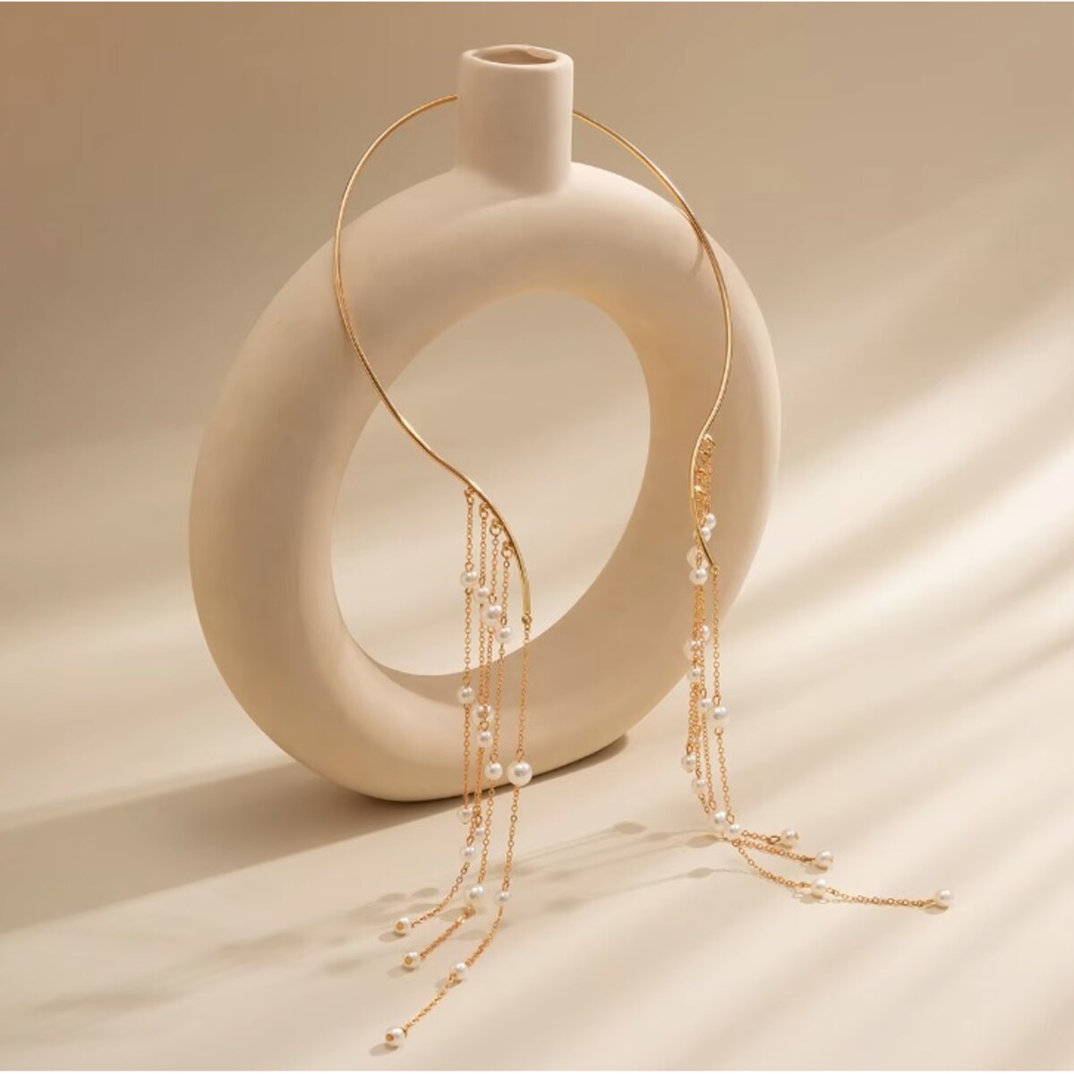 ZŁOTY warstwowy naszyjnik kaskadowy perły otwarty z regulacją wiszące nitki