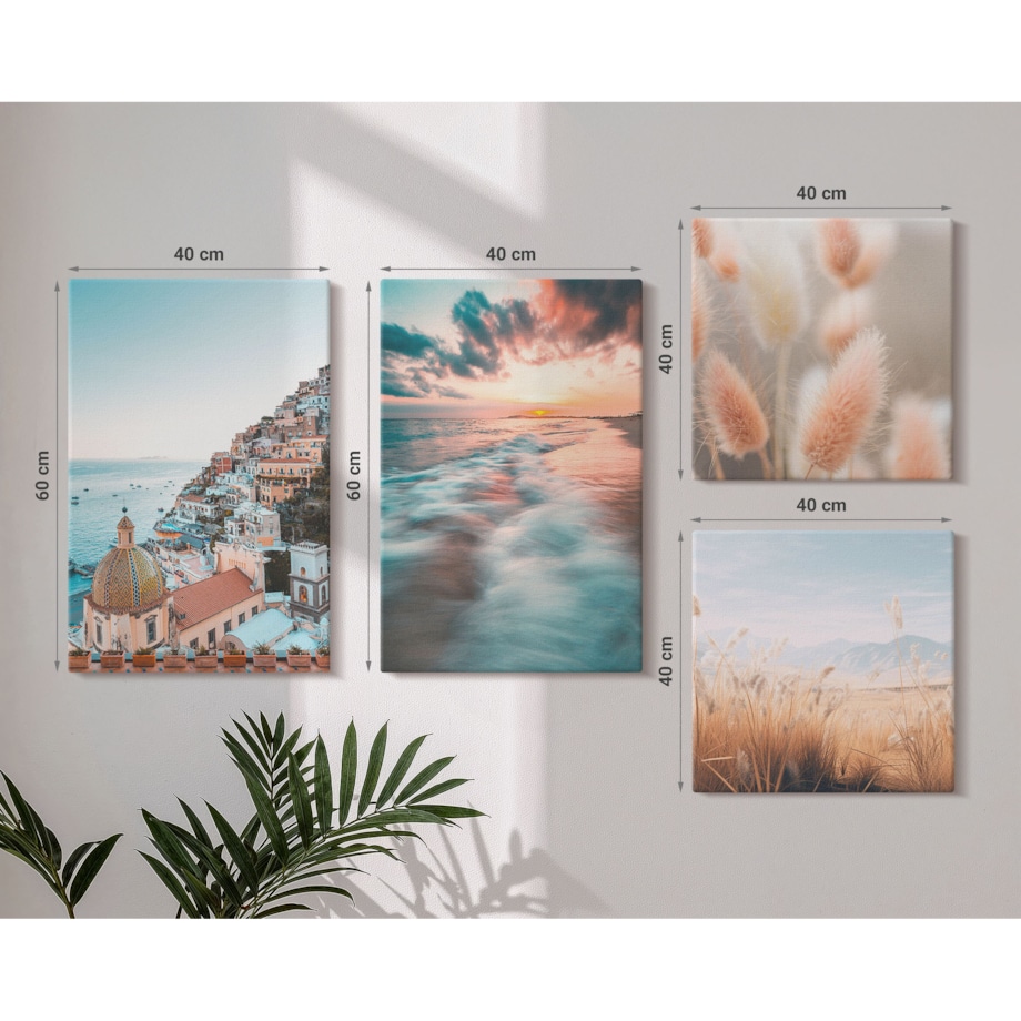 Zestaw 4 obrazów na płótnie - Morze zachód słońca domy kwiaty - turkusowy