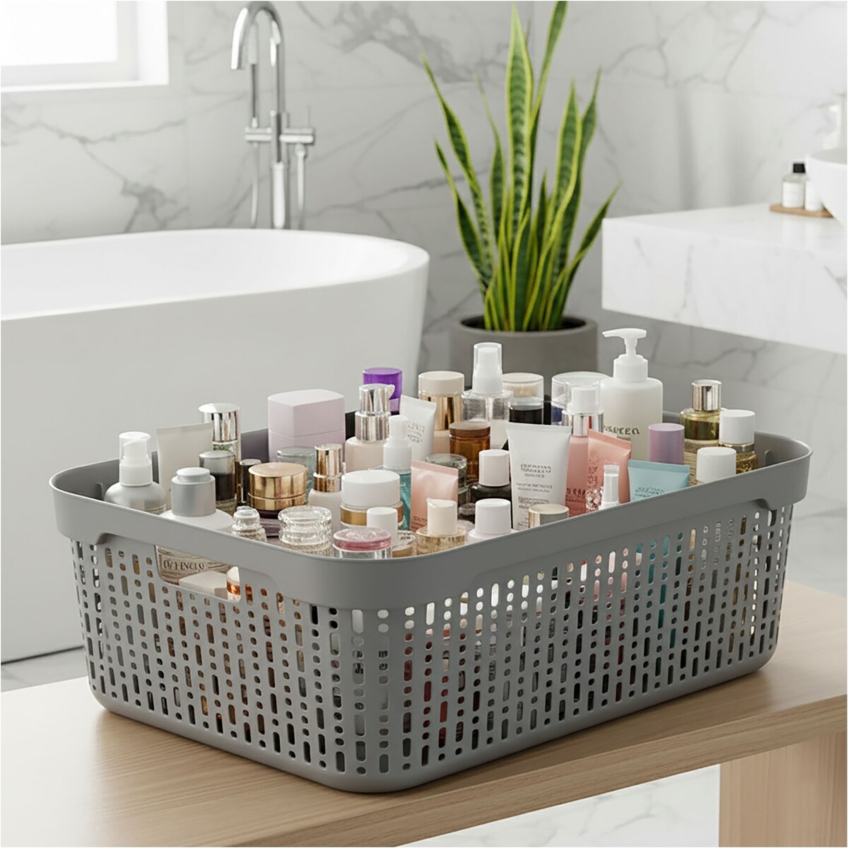 Koszyk Koszyczek Ażurowy XL Plastikowy Na Kosmetyki Do Łazienki Pojemnik Z Pokrywką Zamykany Z Dziurkami Jasnoszary