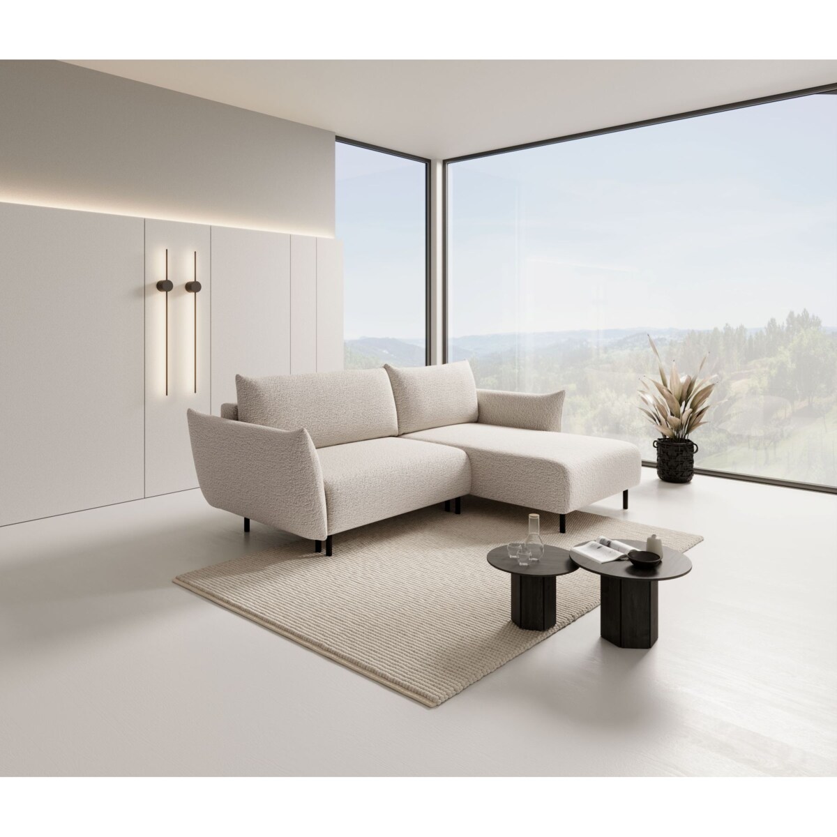 Narożnik DELI z funkcją spania na nóżkach, prawostronny, beżowy