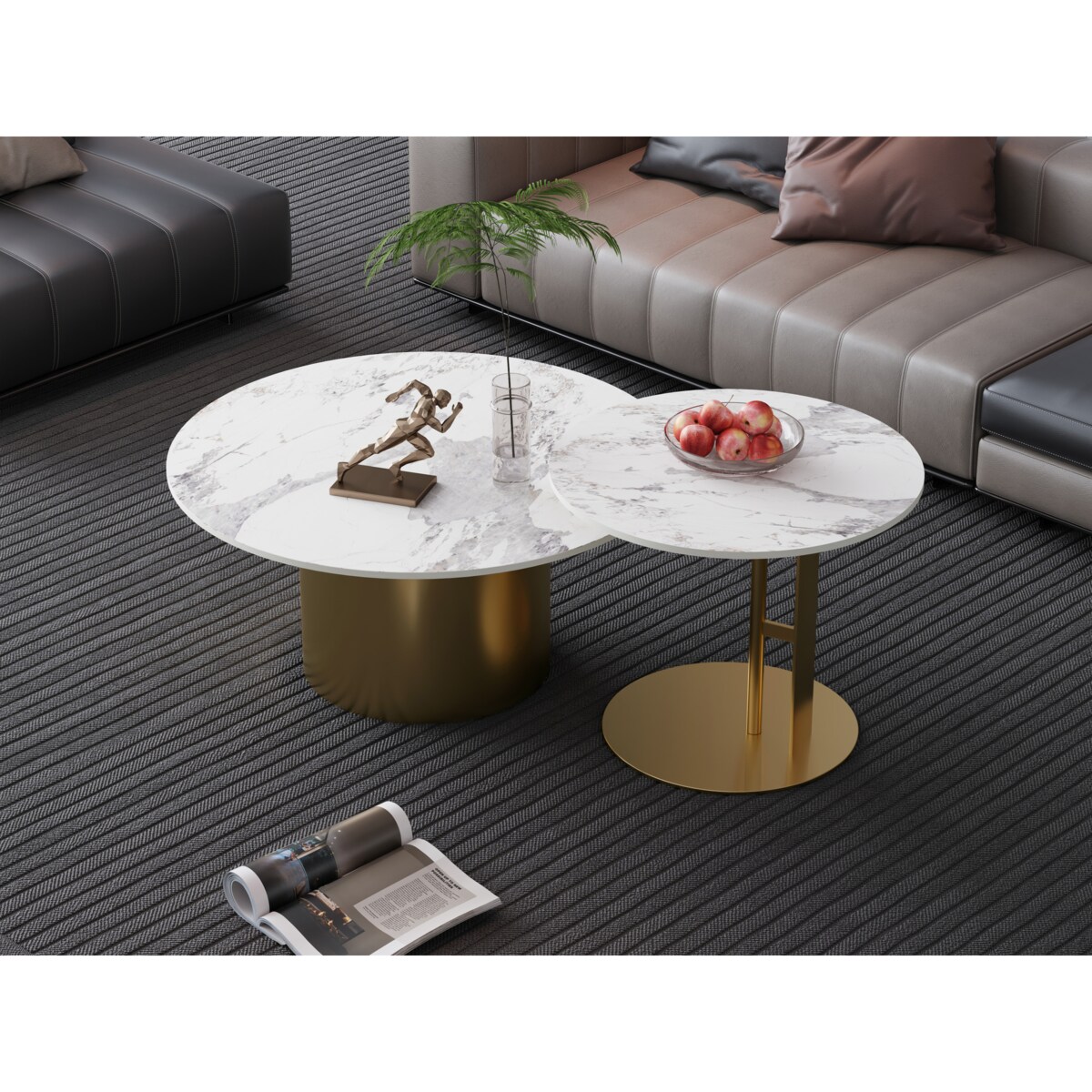 Zestaw złotych stolików kawowych Premium Florencis z kamiennym blatem marmurkowym