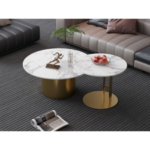 Zestaw złotych stolików kawowych Premium Florencis z kamiennym blatem marmurkowym