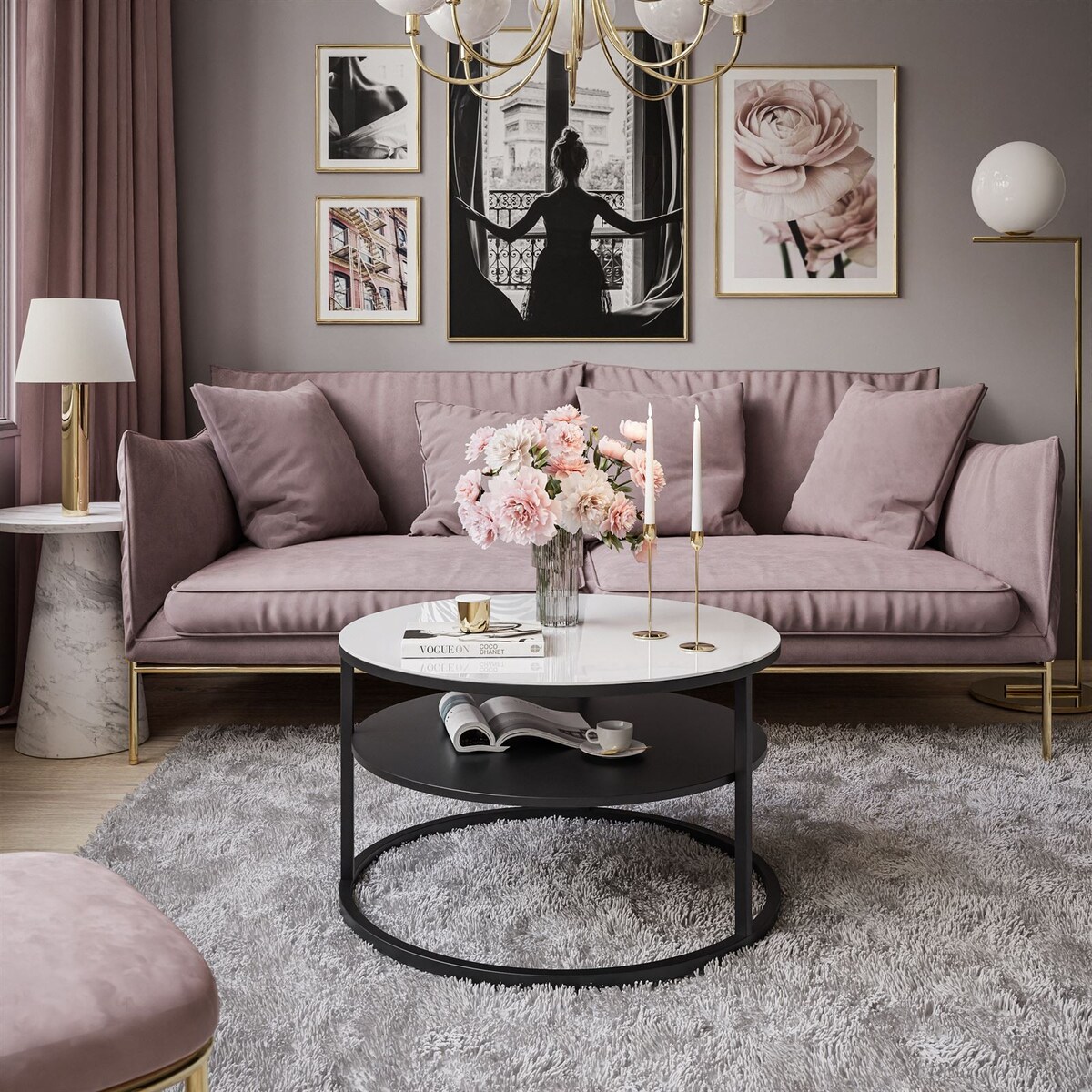 Stolik kawowy CIRI z półką czarny białe szkło