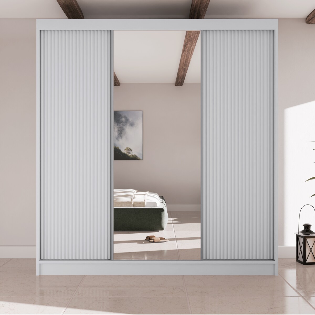 Szafa przesuwna ryflowana 200 z lustrem do przedpokoju-biała