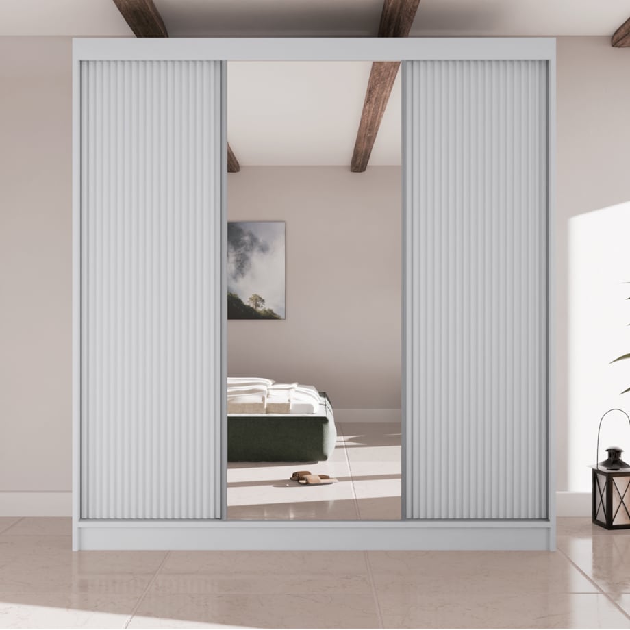 Szafa przesuwna ryflowana 200 z lustrem do przedpokoju-biała