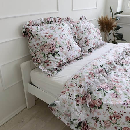 Poszewka Pościel Na Kołdrę Z Ozdobną Falbanką Retro Kwiaty 160X200 Cm
