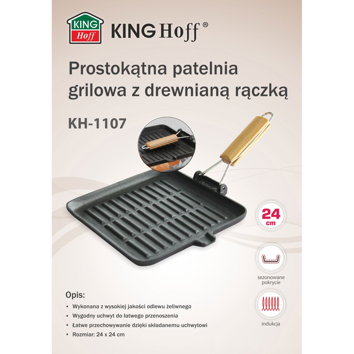 Patelnia grillowa żeliwna kwadratowa 24cm KINGHOFF