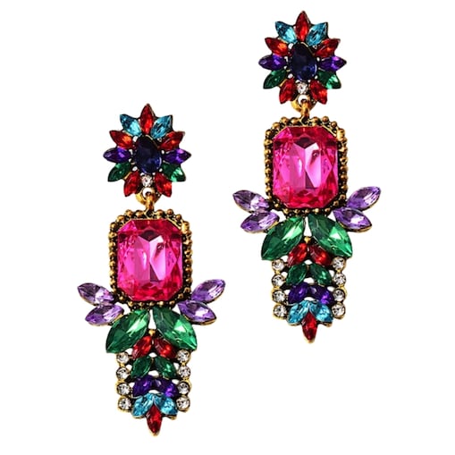 Kolorowe kolczyki FUKSJA zielony czerwień złote listki cyrkonie lekkie