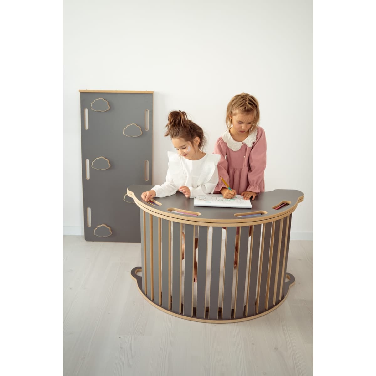 3w1 DUŻY bujak montessori z uchwytami + DUŻA zjeżdżalnia CHMURKI + blat - szary
