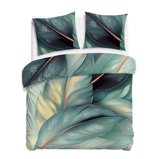 Pościel satyna bawełniana 220x200 Selvado zielona w liście i złote akcenty, Satynlove Premium